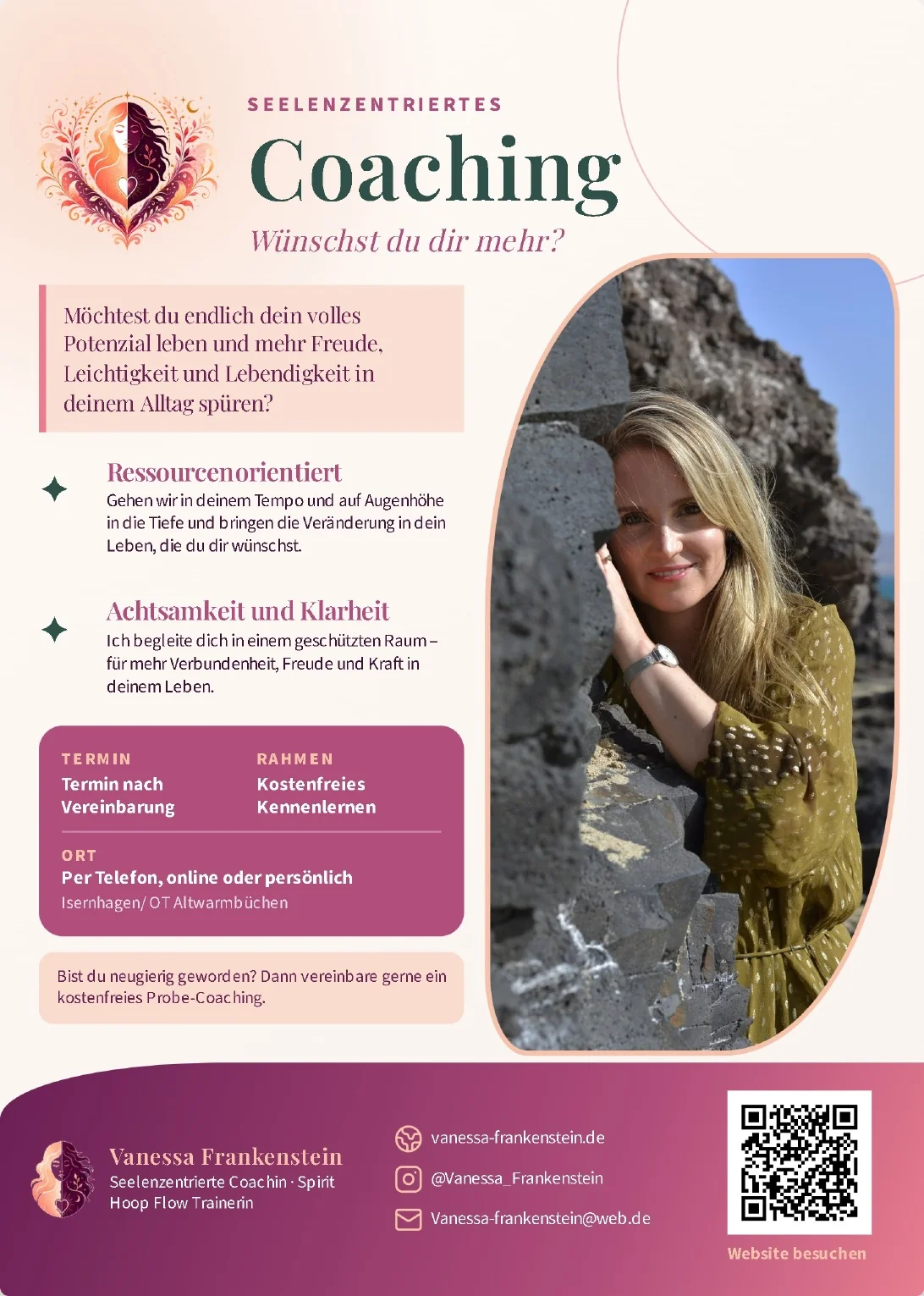 Aktueller Flyer zum seelenzentrierten Coaching mit Vanessa Frankenstein
